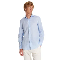 CAMICIA IN LINO AZZURRA Con bottoni in madreperla