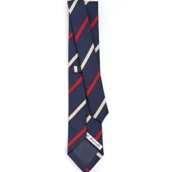 CRAVATTA REGIMENTAL IN SETA BLU SCURO Righe rosse e beige
