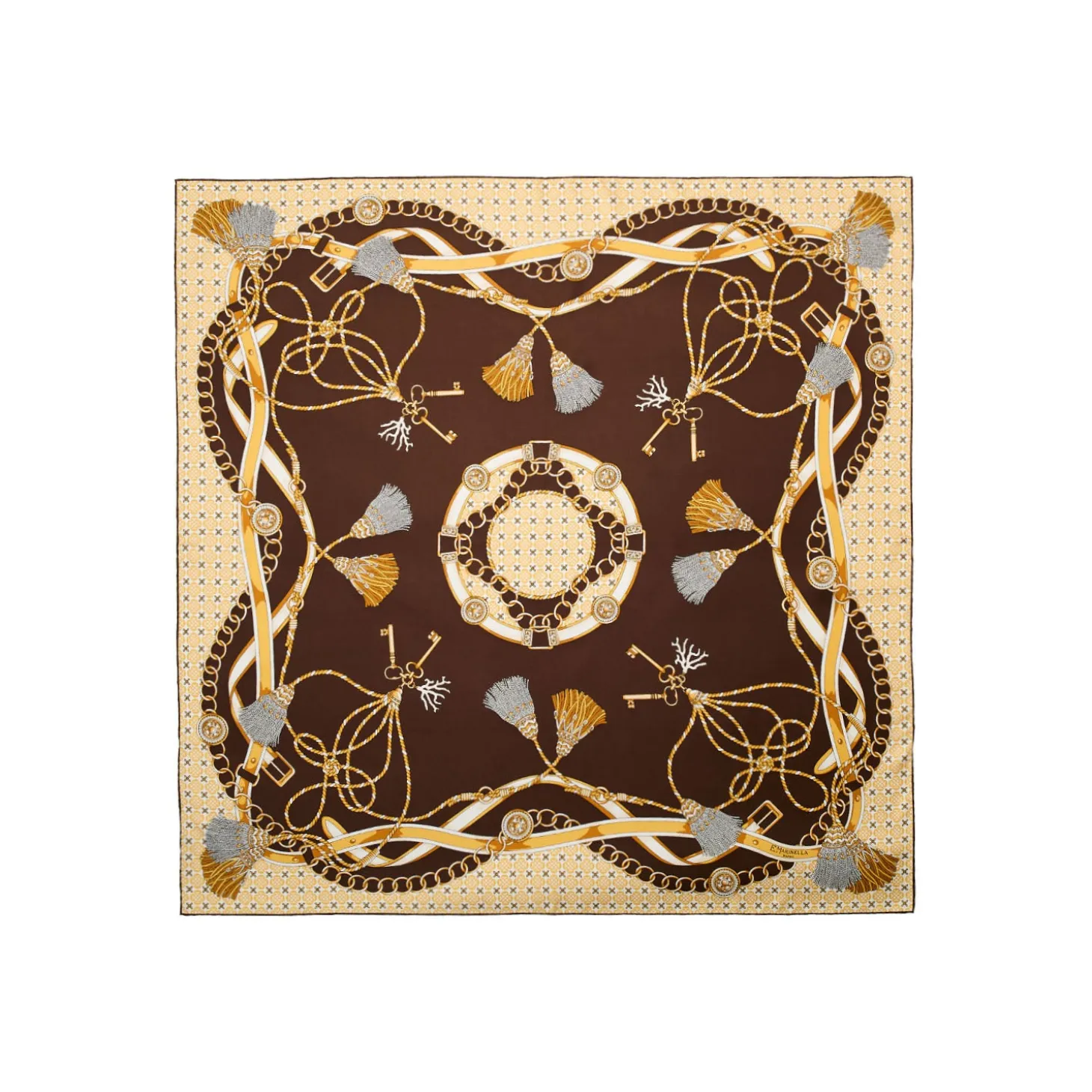 FOULARD IN SETA 90 MARRONE SCURO Microfantasia, nappine e chiavi