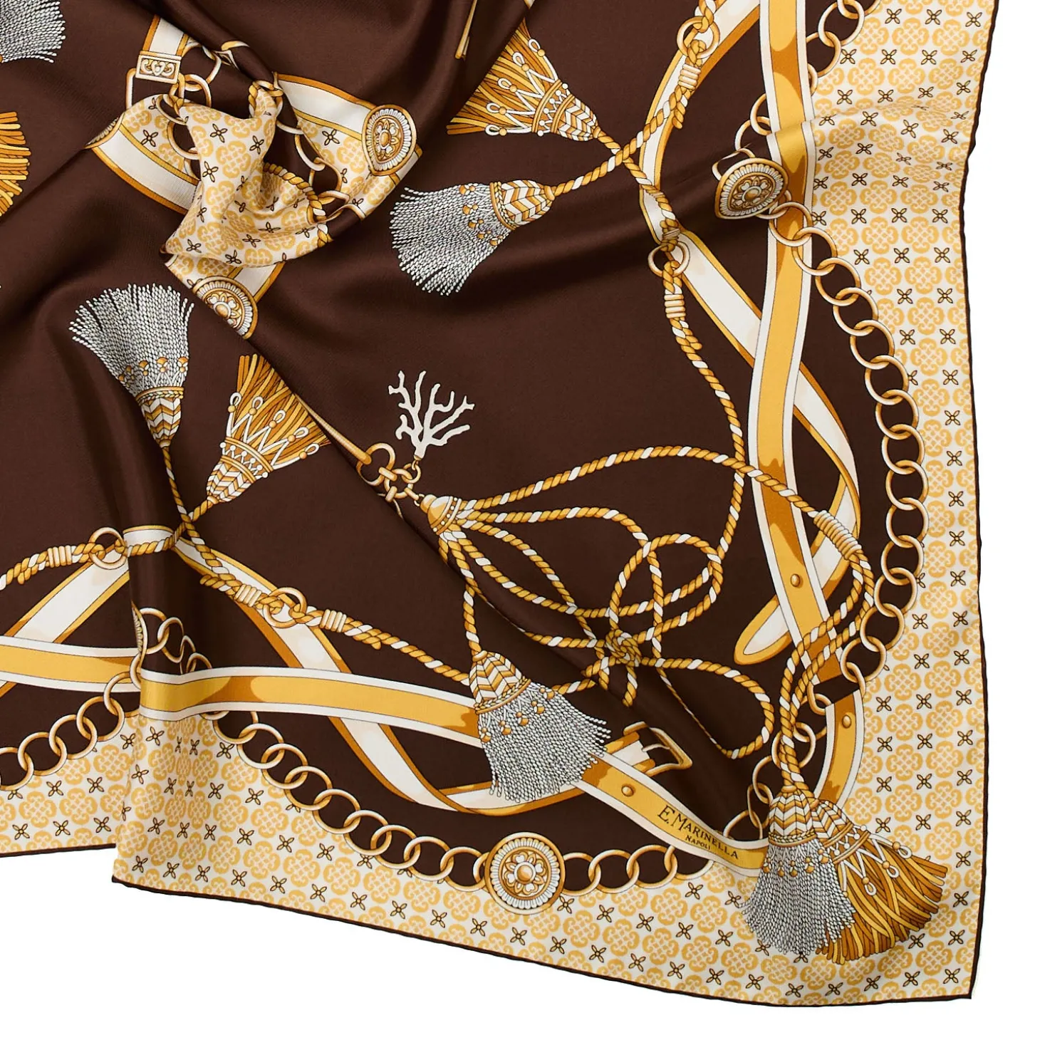 FOULARD IN SETA 90 MARRONE SCURO Microfantasia, nappine e chiavi