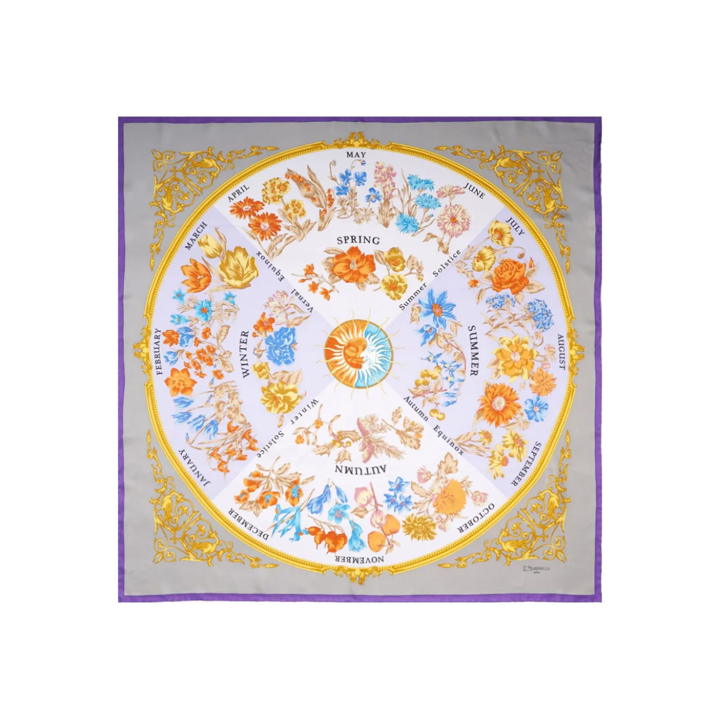 FOULARD IN SETA 90 VIOLA E TORTORA La ruota delle stagioni