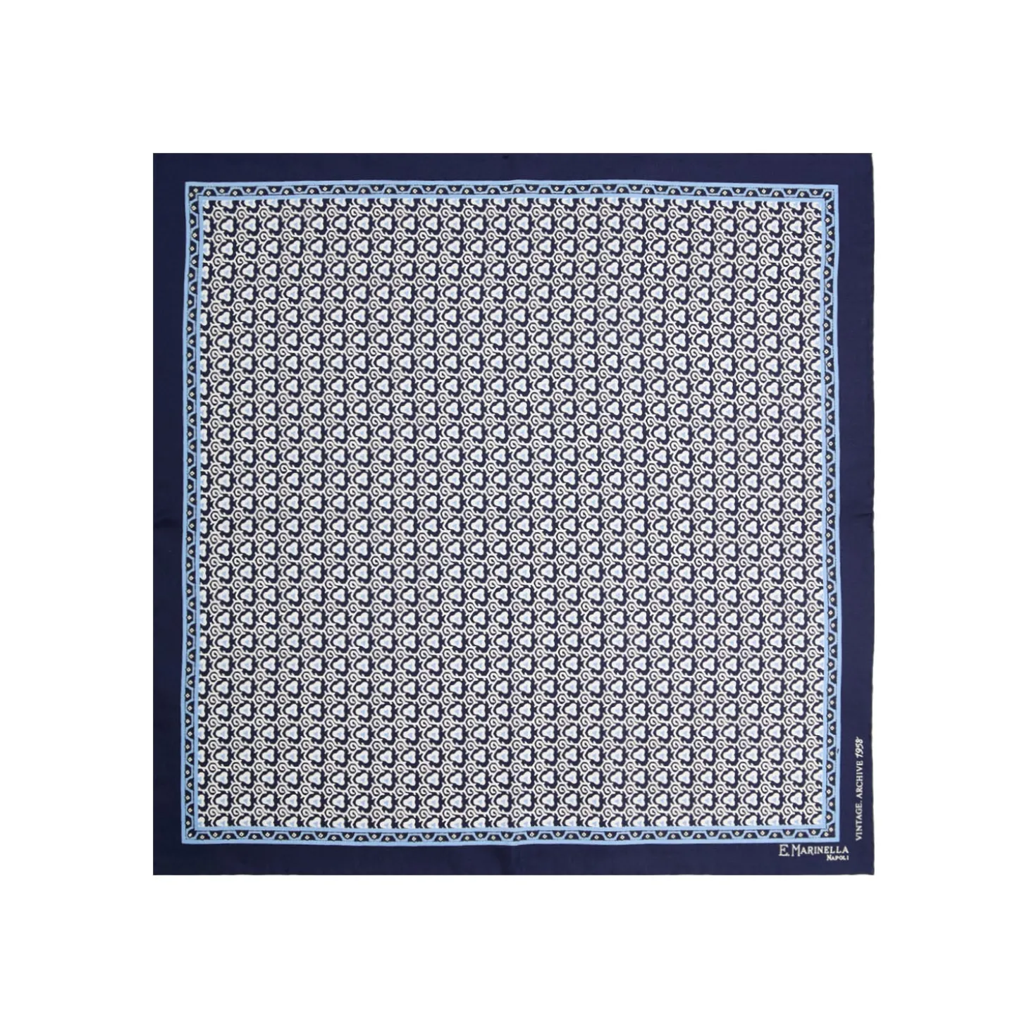 POCHETTE DA TASCHINO IN SETA STAMPATA A MANO BLU SCURO Fantasia archivio 1958